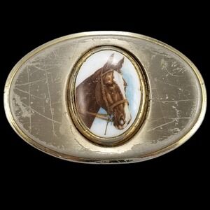 Vintage Oval Belt Buckle Horse Head‎ Design Silver tone Metal USA Made